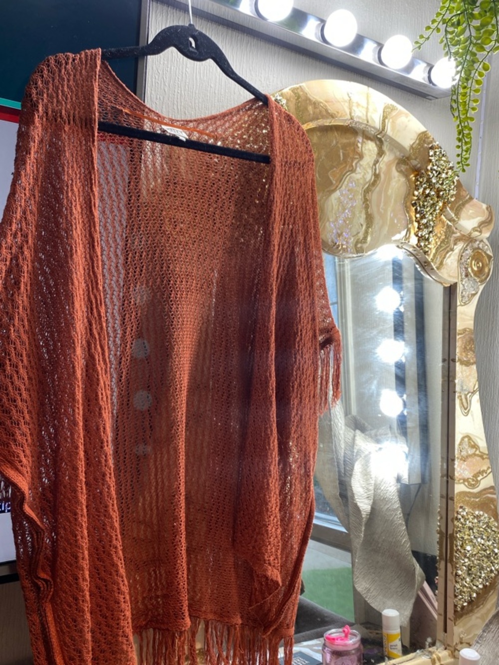 Rust Open-Knit Fringe open front Coverup - Picture 3 of 6